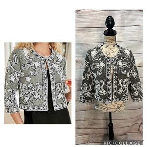 Soft Surroundings Wildwood Bolero Jacket Gray Acid Wash Textured Floral Small